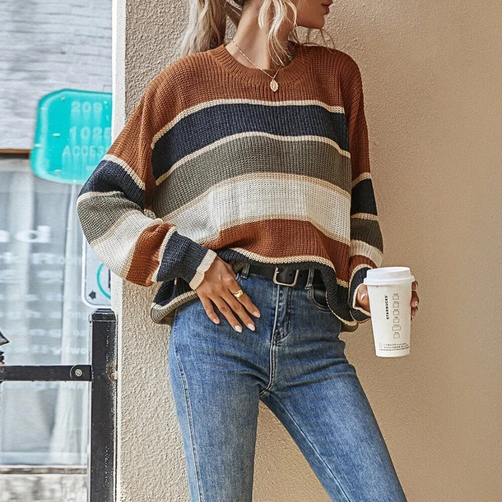 Multicolor Casual Women's Earth-Tone Vacation Sweater